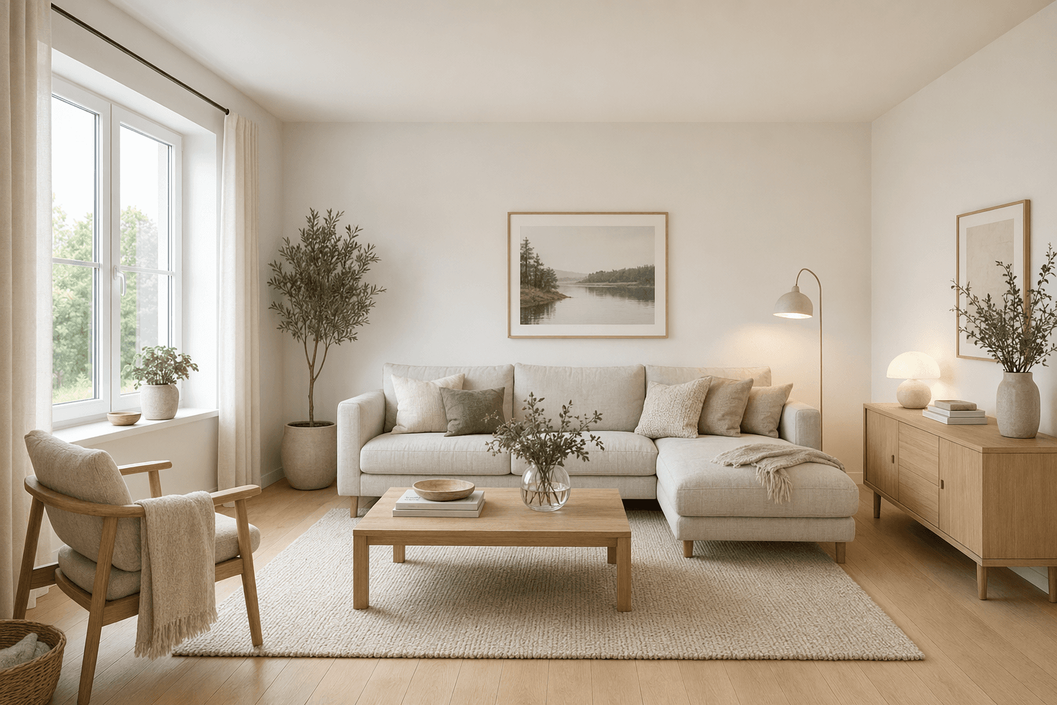 Same living room rendered by the Scandinavian living room AI — pale oak, linen sofa, warm-white walls